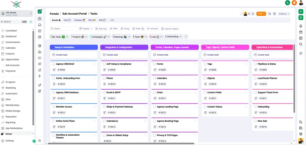 Boards view of a client sub-account portal embedded in HighLevel